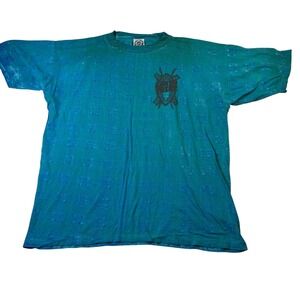 Vintage Earth‎ Tribe XL T Shirt Teal All Over Print 90s Tribal Shield Graphic